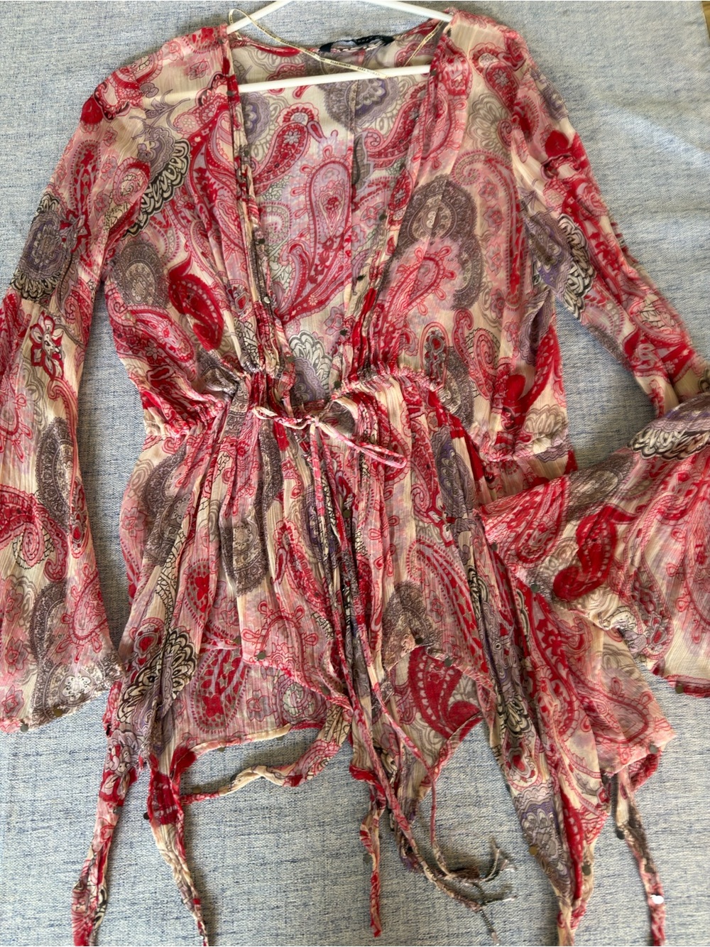 Zara Woman Paisley Boho Tie Front Blouse | Bell Sleeve Top |